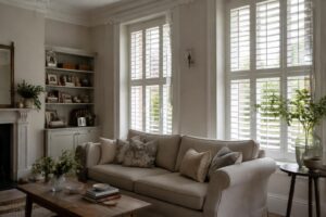 Full height white shutters fitted to tall windows in a bright UK living room