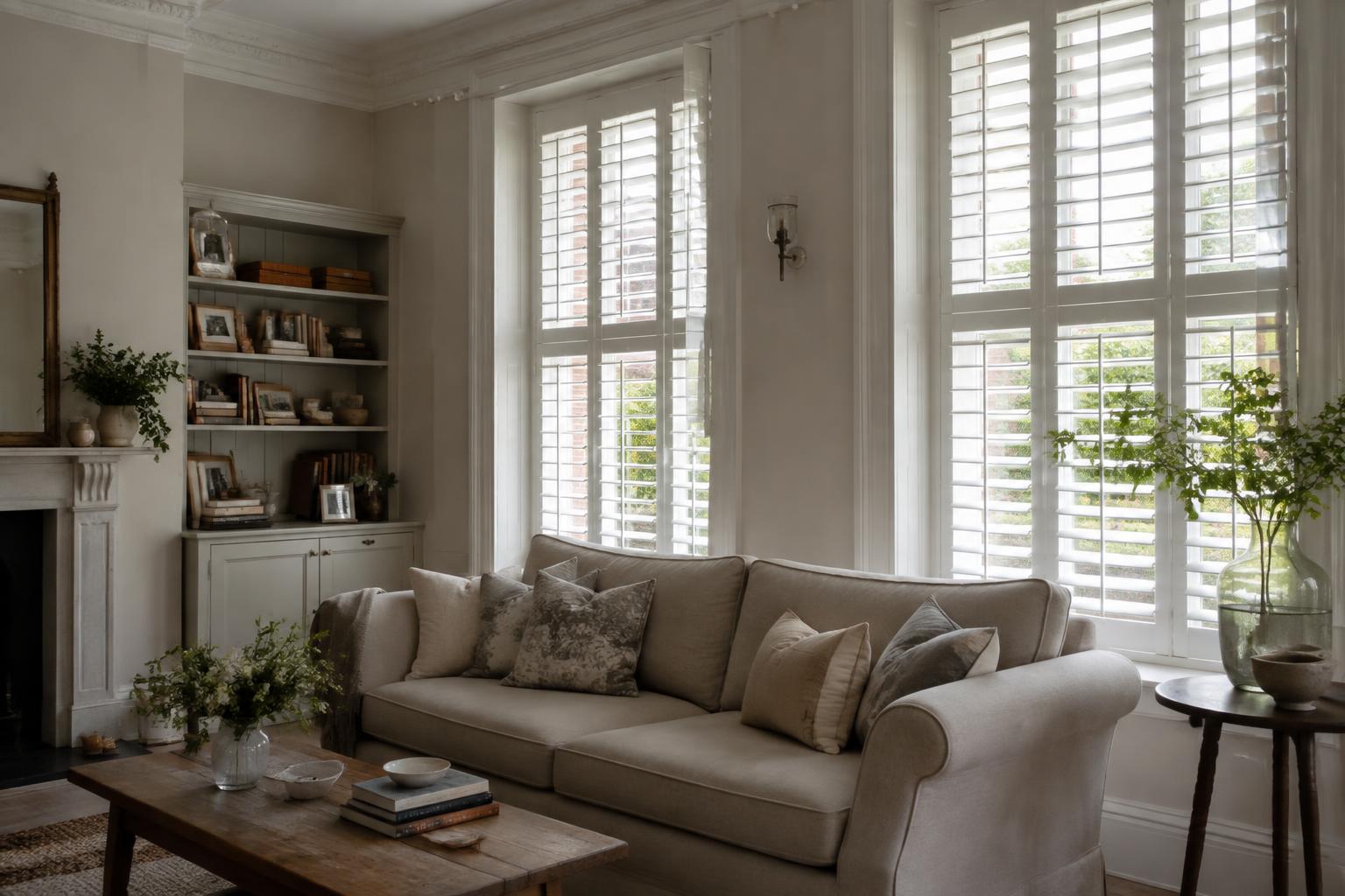 Full height white shutters fitted to tall windows in a bright UK living room