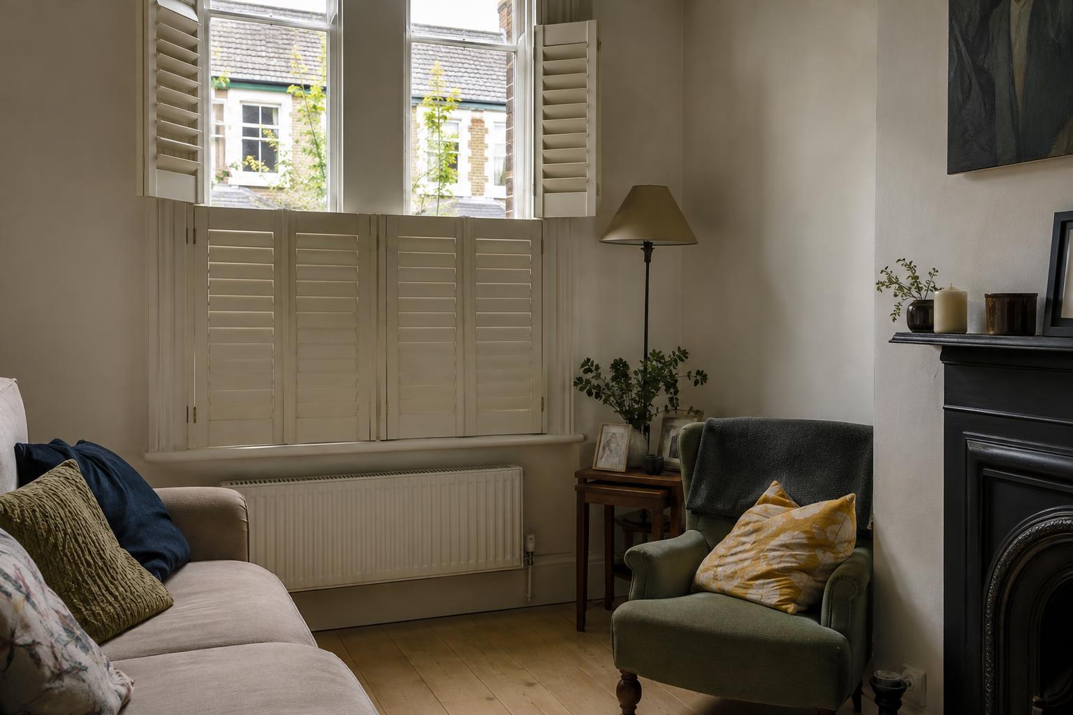 Tier on tier shutters with lower panels closed and upper panels open in a UK front room